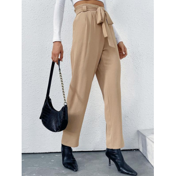 Women's Daily Office Solid Color Pleated Paperbag Waist Slant Pockets Belted Tailored Tapered Pants S Light coffee