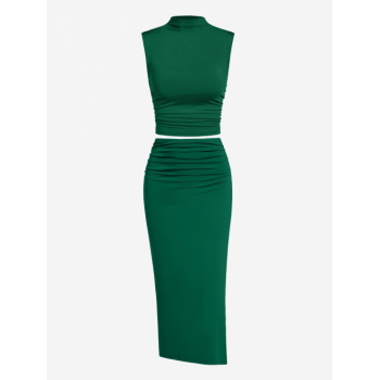 Mock Neck Ruched Crop Tank Top Thigh High Split Midi Bodycon Skirt Going Out Sexy Two Piece Dress Deep green