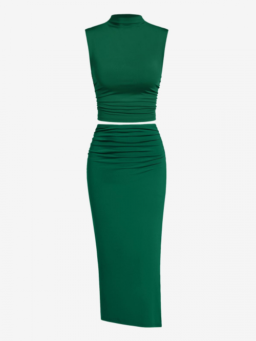 Mock Neck Ruched Crop Tank Top Thigh High Split Midi Bodycon Skirt Going Out Sexy Two Piece Dress Deep green