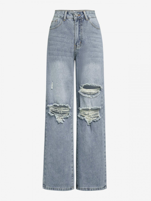 Women's Zip Fly Casual Distressed Jeans S Blue