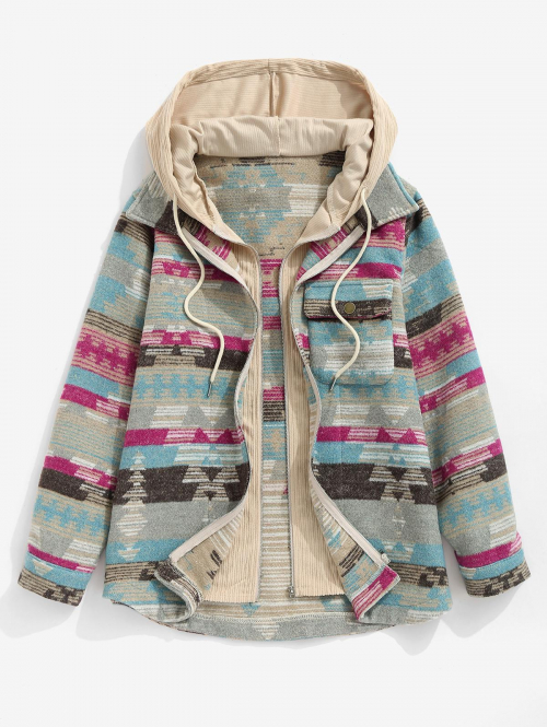 ZAFUL Women's Ethnic Aztec Print Hooded Drawstring Mix Media Double Zip Up Faux Twinset Coat L