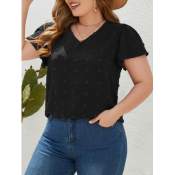 Women Blouse Women's Plus Size Casual Frayed Swiss Dot V Neck Flutter Sleeve Blouse 1xl Black