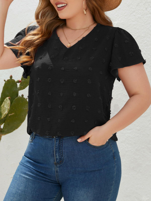 Women Blouse Women's Plus Size Casual Frayed Swiss Dot V Neck Flutter Sleeve Blouse 1xl Black