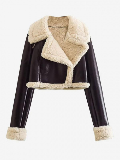 Women's PU Contrast Faux Fur Lined Borg Lapel Collar Inclined Zip Crop Biker Jacket L Deep coffee