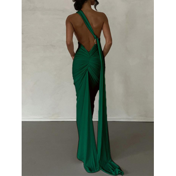 Maxi Women's Sexy Elegant Backless Ruched Metal O-ring Decor One Shoulder Prom Evening Gown Train Maxi Vegas Dress L Green