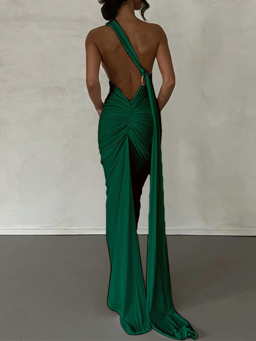 Maxi Women's Sexy Elegant Backless Ruched Metal O-ring Decor One Shoulder Prom Evening Gown Train Maxi Vegas Dress L Green