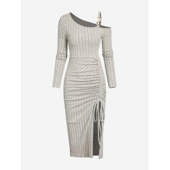 Bodycon Dress Women's Sexy Going Out Fuzzy Ribbed Skew Collar Long Sleeve Metal Chain Embellished Hardware Cinched Ruched Tie Slit Midi Bodycon Dress