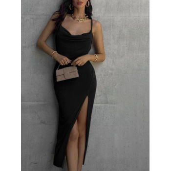 Bodycon Dress Women's Sexy Date Night Going Out Cowl Neck Spaghetti Strap Backless High Slit Solid Color Sheath Midi Vegas Party Dress L Black