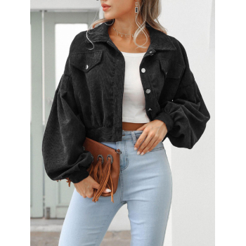 Women's Daily Vintage Solid Color Flap Detail Snap Button Placket Turn Down Collar Long Sleeve Drop Shoulder Corduroy Jacket M Black