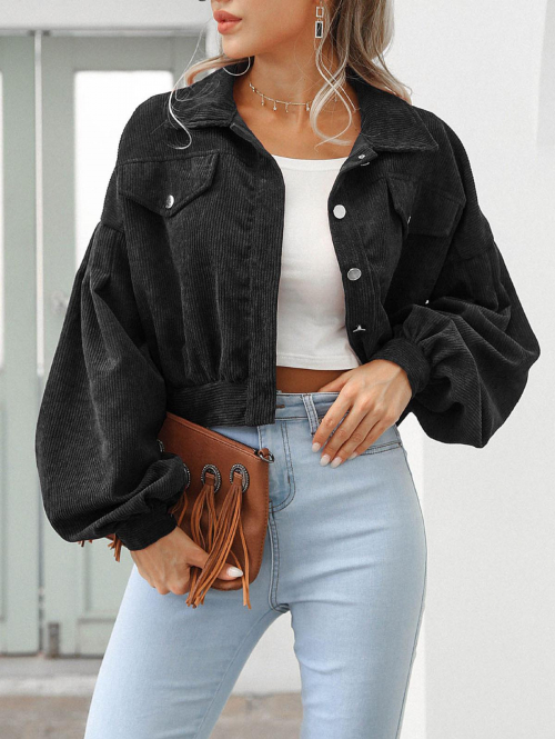 Women's Daily Vintage Solid Color Flap Detail Snap Button Placket Turn Down Collar Long Sleeve Drop Shoulder Corduroy Jacket M Black