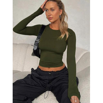 Fashion Women Tees Women's Daily Solid Color Long Sleeve Ruched Side Layering Slim T-shirt L Green