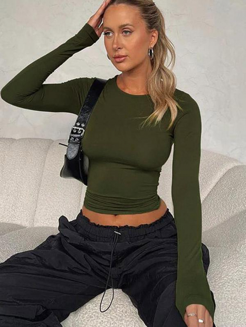 Fashion Women Tees Women's Daily Solid Color Long Sleeve Ruched Side Layering Slim T-shirt M Green