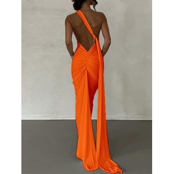 Maxi Women's Sexy Elegant Backless Ruched Metal O-ring Decor One Shoulder Prom Evening Gown Train Maxi Vegas Dress S Orange