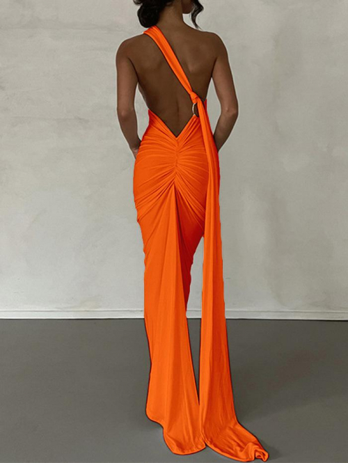 Maxi Women's Sexy Elegant Backless Ruched Metal O-ring Decor One Shoulder Prom Evening Gown Train Maxi Vegas Dress S Orange