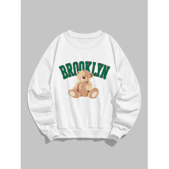 Women Hoodies Women's BROOKLYN Bear Print Crew Neck Drop Shoulder Long Sleeve Pullover Sweatshirt M White