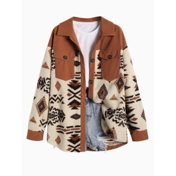 ZAFUL Women's Single Breasted Ethnic Style Aztec Geo Tribal Printed Cargo Pockets Fluffy Corduroy Panel Spliced Teddy Shirt Jacket Shacket L Coffee