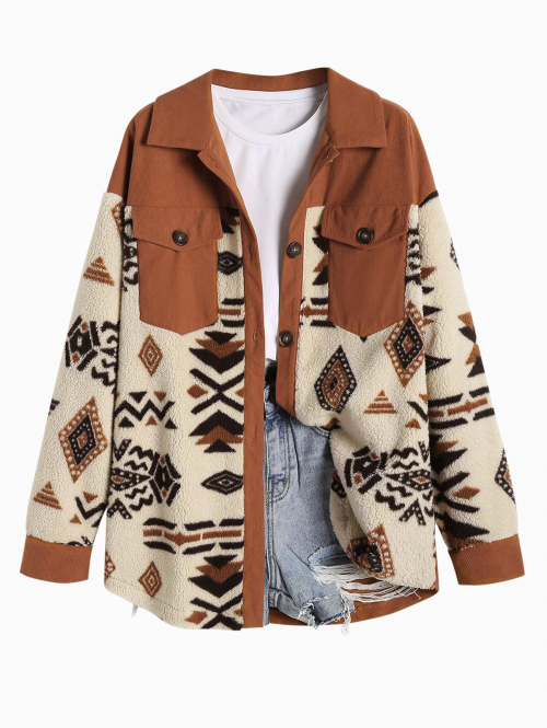 ZAFUL Women's Single Breasted Ethnic Style Aztec Geo Tribal Printed Cargo Pockets Fluffy Corduroy Panel Spliced Teddy Shirt Jacket Shacket L Coffee