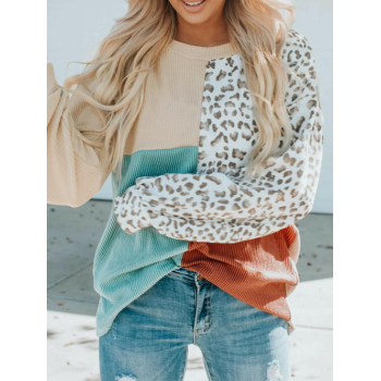 Women Hoodies Women's Crinkle Textured Colorblock Leopard Animal Print Drop Shoulder Crew Neck Pullover Sweatshirt L