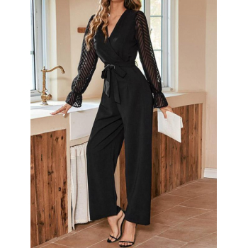 Women Jumpsuit Women's Daily Solid Color Swiss Dot Jacquard Semi-sheer Sleeve Belted V Neck Surplice Wide Leg Jumpsuit M Black