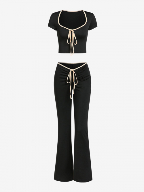 Women's Going Out Tie Front Cinched Contrast Piping Short Sleeves Slim Fit Crop T Shirt Low Waist Bell Bottoms Pants Two Piece Set L Black