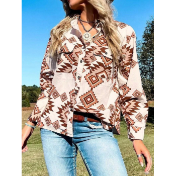 Women's Ethnic Geometric Print Turn Down Collar Pocket Long Sleeves Vintage Cowgirl Shirt M Coffee