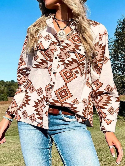 Women's Ethnic Geometric Print Turn Down Collar Pocket Long Sleeves Vintage Cowgirl Shirt M Coffee