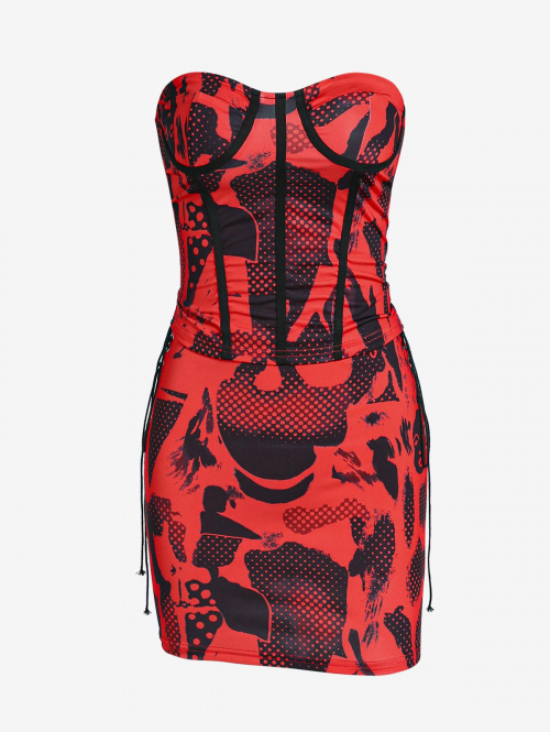 Matching Abstract Printed Bustier Cupped Tube Top and Lace Up Skirt Set M Red