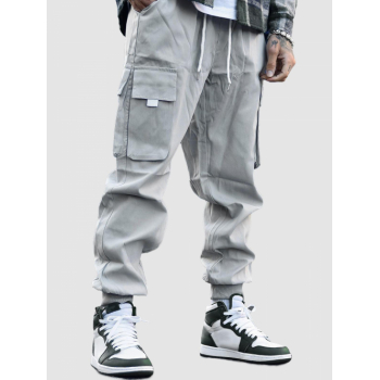 ZAFUL Men's Men's Flap Pocket Drawstring Elastic Waist Streetwear Casual Techwear Jogger Cargo Pants L Light gray