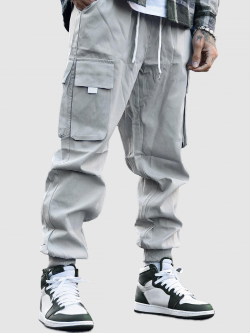 ZAFUL Men's Men's Flap Pocket Drawstring Elastic Waist Streetwear Casual Techwear Jogger Cargo Pants L Light gray