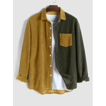 ZAFUL Men's Colorblock Pattern Corduroy Long Sleeves Shirt S Deep green