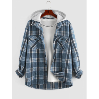 ZAFUL Men's ZAFUL Plaid Pattern Woolen Cloth Long Sleeves Hooded Shirt Xl Blue