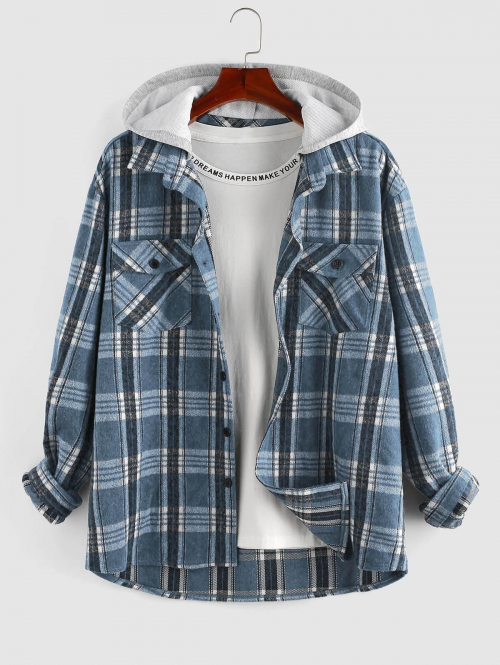 ZAFUL Men's ZAFUL Plaid Pattern Woolen Cloth Long Sleeves Hooded Shirt Xl Blue