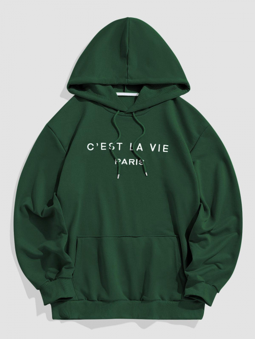 ZAFUL Men's Letter C'EST LA VIE PARIS Embroidery Essentials Hoodie L Deep green