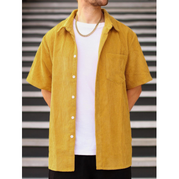 ZAFUL Men's Corduroy Solid Color Casual Short Sleeves Shirt M Deep yellow