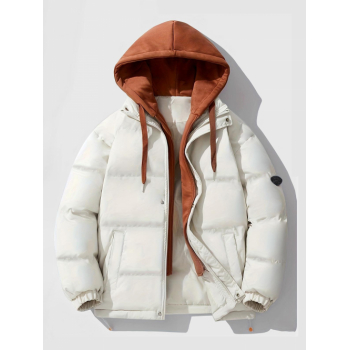 ZAFUL Men's Dual Zip Hooded Pocket Colorblock Faux Twinset Puffer Padded Coat M White