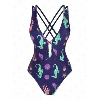 ZAFUL Criss Cross Strappy Marine Life Print One-piece Swimsuit M Deep blue