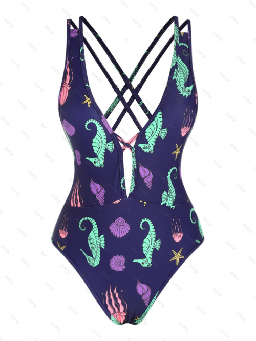 ZAFUL Criss Cross Strappy Marine Life Print One-piece Swimsuit M Deep blue