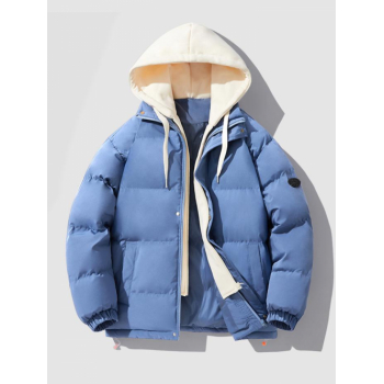 ZAFUL Men's Dual Zip Hooded Pocket Colorblock Faux Twinset Puffer Padded Coat L Blue