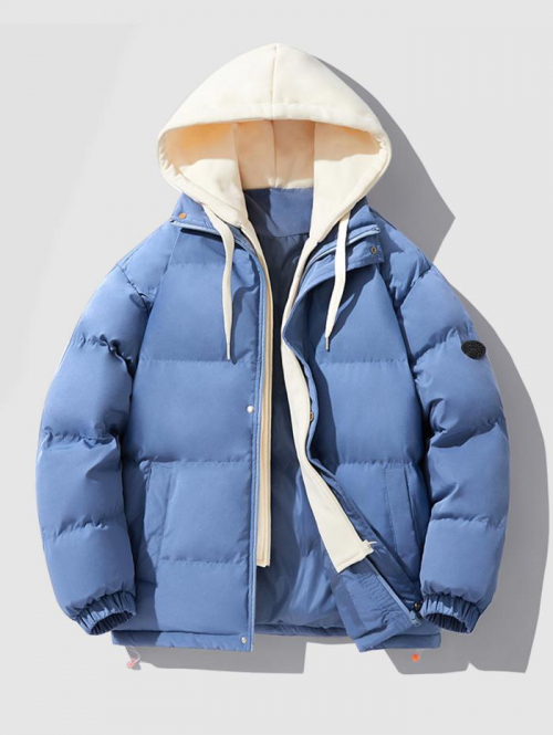 ZAFUL Men's Dual Zip Hooded Pocket Colorblock Faux Twinset Puffer Padded Coat L Blue