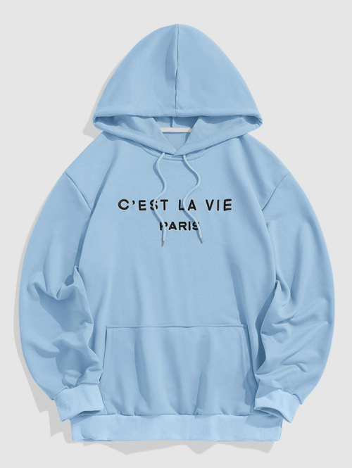 ZAFUL Men's Letter C'EST LA VIE PARIS Embroidery Essentials Hoodie L Light blue