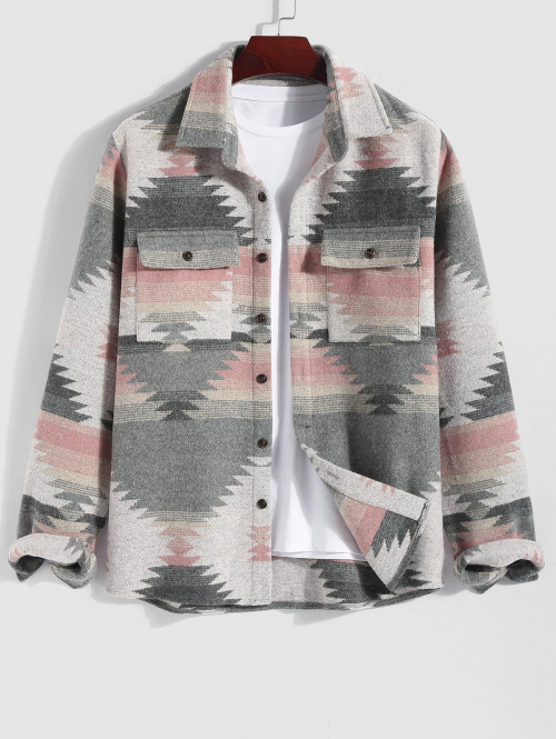 ZAFUL Men's Tribal Geometric Ethnic Aztec Printed Blend Wool Jacket L Light pink