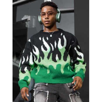 ZAFUL Men's Fire Flame Graphic Y2K Aesthetic Sweater L Deep green