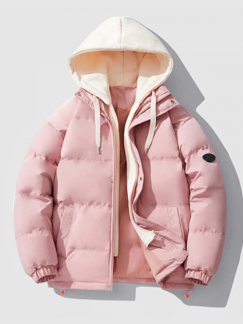 ZAFUL Men's Dual Zip Hooded Pocket Colorblock Faux Twinset Puffer Padded Coat M Light pink