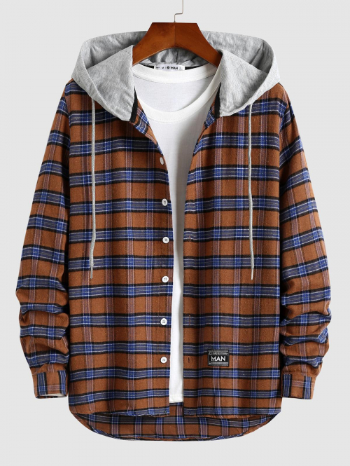 ZAFUL Men's Colorblock Hooded Plaid Shirt Xl Coffee