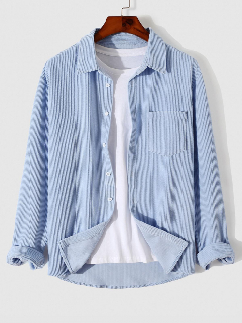 ZAFUL Men's Solid Color Corduroy Long Sleeves Shirt M Light blue