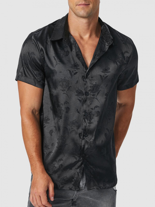 ZAFUL Men's Jacquard Silky Short Sleeve Shirt L Black