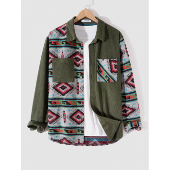 ZAFUL Men's Colorblock Ethnic Printed Corduroy Shacket L Deep green