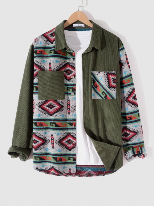 ZAFUL Men's Colorblock Ethnic Printed Corduroy Shacket L Deep green