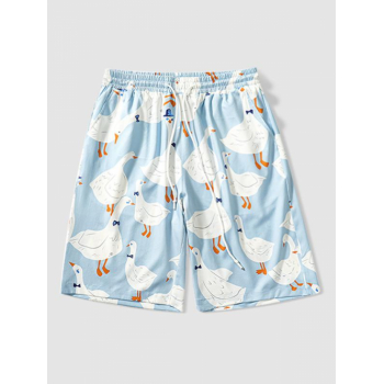 Cartoon Goose Printed Drawstring Casual Shorts L Light blue