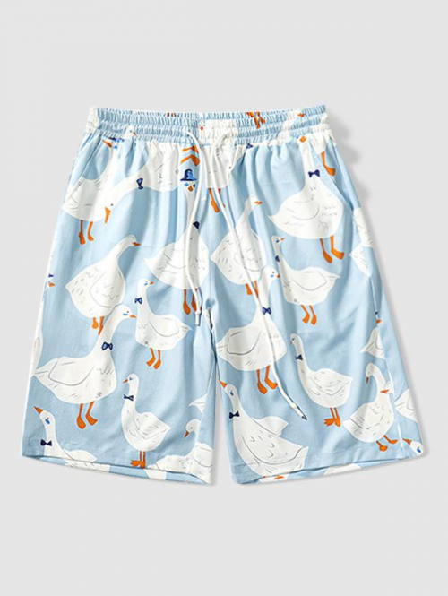 Cartoon Goose Printed Drawstring Casual Shorts L Light blue